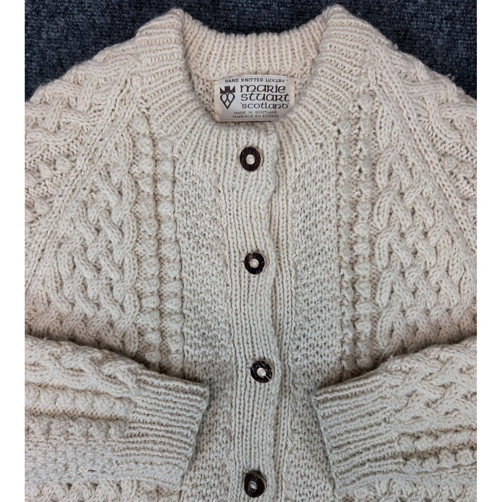Marie Stuart Scotland Cardigan Sweater Womens Medium Hand Knit Cable Wool